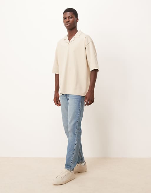 DESIGN BreatheMAX™ Heavyweight Oversized Half Sleeve Revere Polo In Beige Cotton Blend