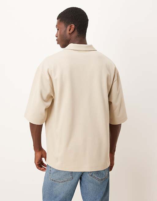 DESIGN BreatheMAX™ Heavyweight Oversized Half Sleeve Revere Polo In Beige Cotton Blend