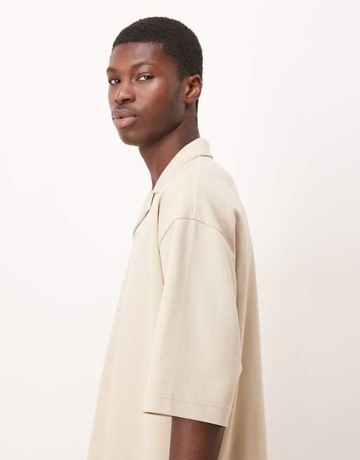 DESIGN BreatheMAX™ Heavyweight Oversized Half Sleeve Revere Polo In Beige Cotton Blend