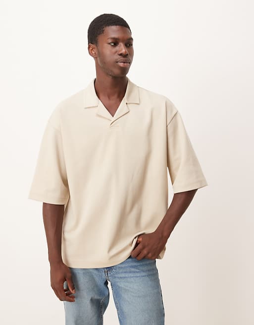 DESIGN breatheMAX™ heavyweight oversized half sleeve revere polo in beige cotton blend