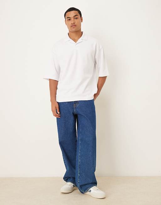 DESIGN BreatheMAX™ Heavyweight Oversized Half Sleeve Revere Polo In White Cotton Blend
