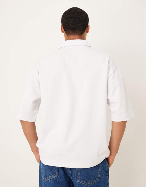 DESIGN BreatheMAX™ Heavyweight Oversized Half Sleeve Revere Polo In White Cotton Blend
