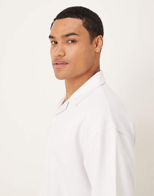 DESIGN BreatheMAX™ Heavyweight Oversized Half Sleeve Revere Polo In White Cotton Blend