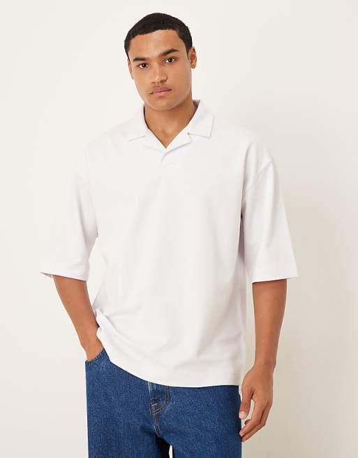 DESIGN breatheMAX™ heavyweight oversized half sleeve revere polo in white cotton blend