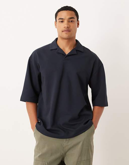 DESIGN breatheMAX™ heavyweight oversized half sleeve revere polo in navy cotton blend