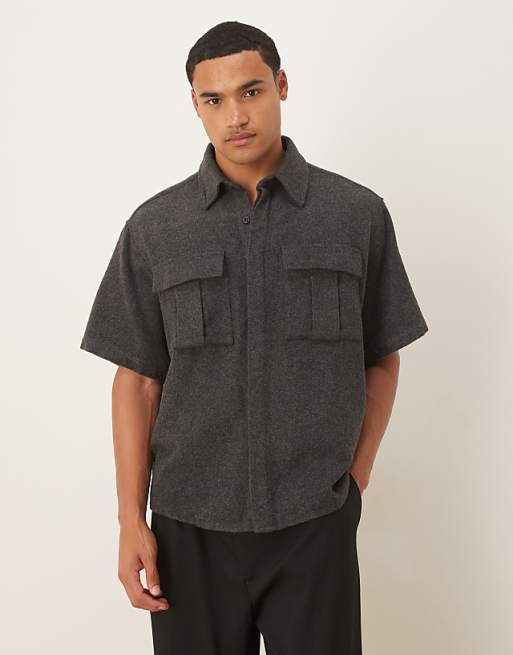 DESIGN brushed oversized utility shirt in brown