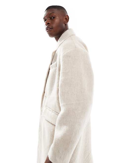DESIGN Brushed Wool Look Oversized Longline Coat In Beige