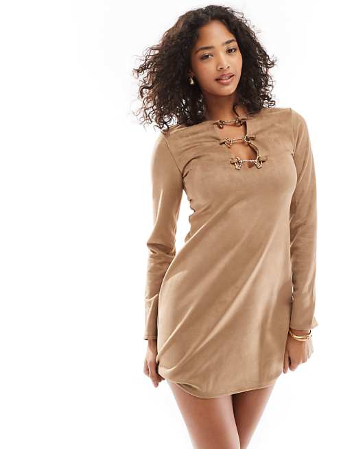 DESIGN Buckle Detail Suede Mini Dress With Long Sleeves In Tan