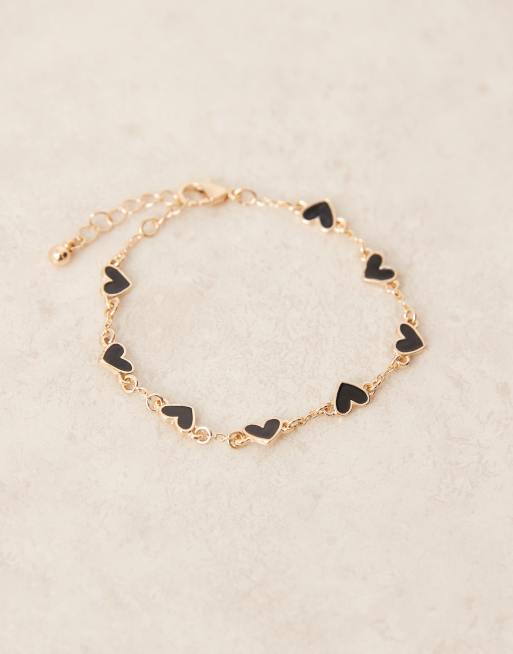 DESIGN Chain Bracelet With Black Enamel Heart Details In Gold Tone