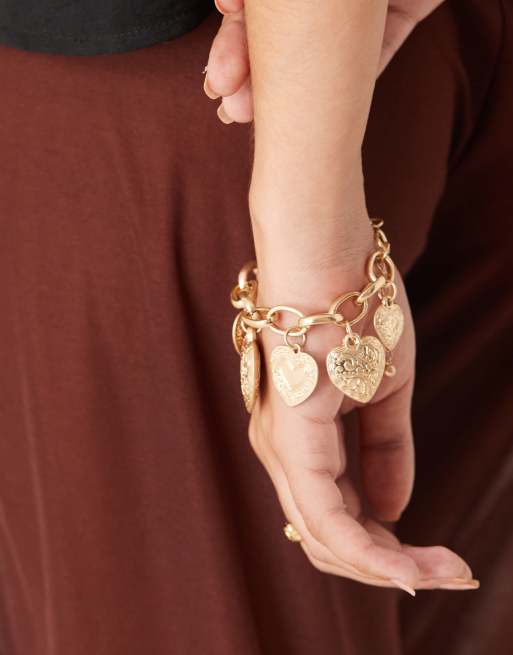 DESIGN Chain Bracelet With Heart Charms In Worn Gold Tone