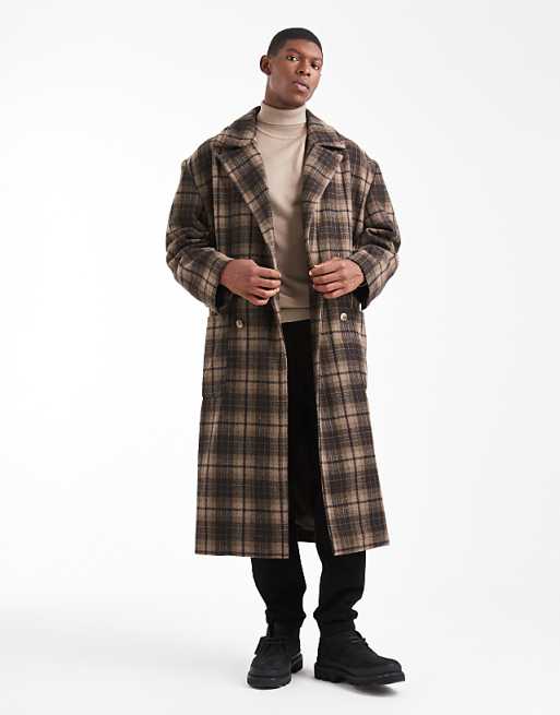 DESIGN Check Wool Look Oversized Longline Coat In Brown