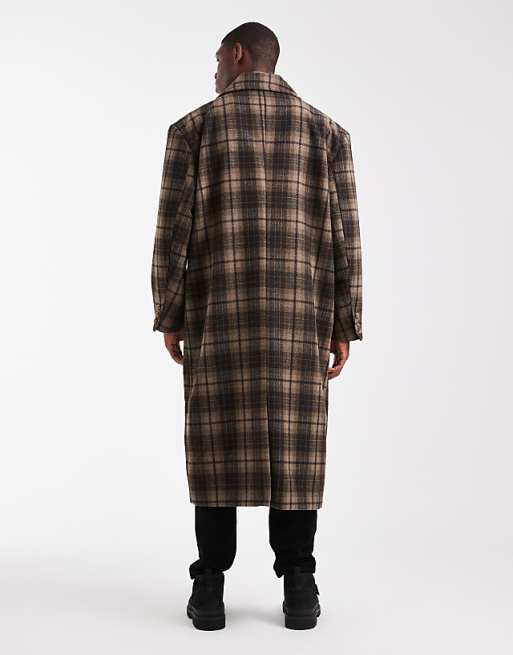 DESIGN Check Wool Look Oversized Longline Coat In Brown
