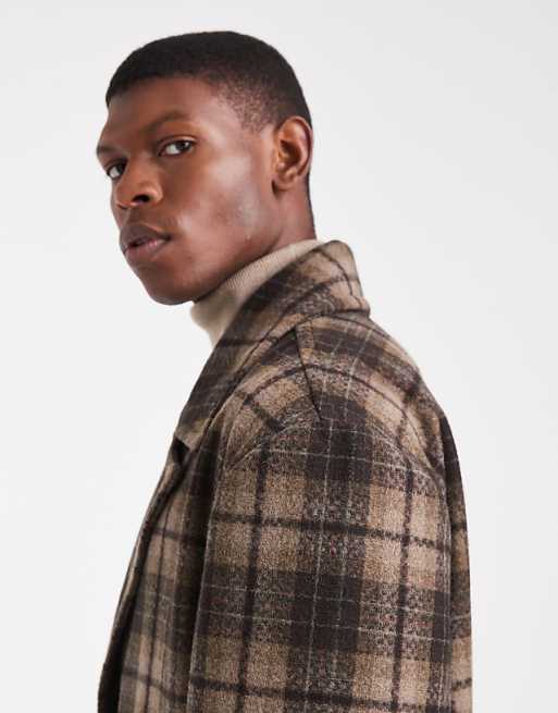 DESIGN Check Wool Look Oversized Longline Coat In Brown