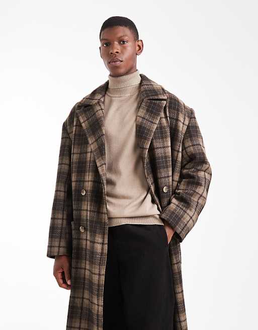DESIGN check wool look oversized longline coat in brown