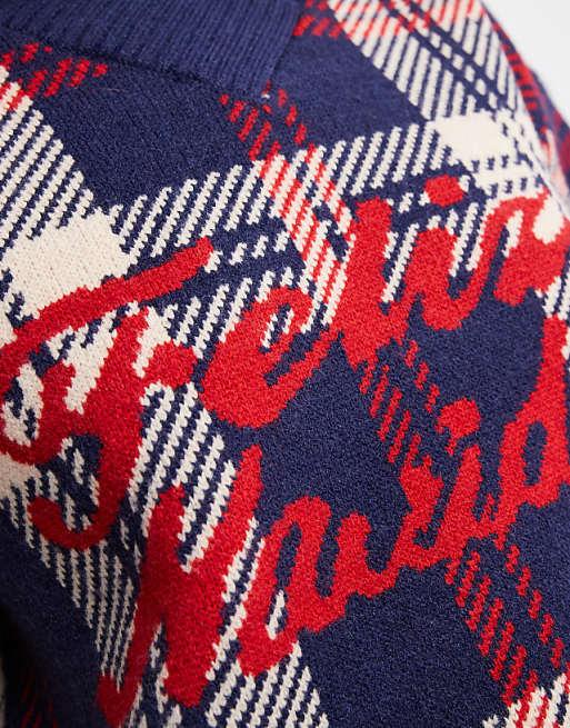 DESIGN Checked Feliz Navidad Boxy High V Jumper In Navy