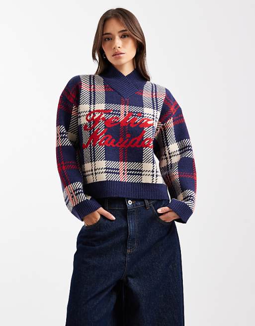 DESIGN checked Feliz Navidad boxy high v jumper in navy