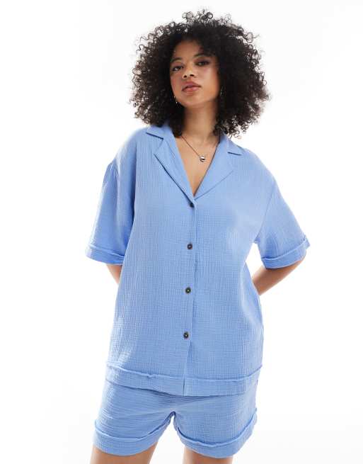 DESIGN Cheesecloth Shirt With Raw Edge Detail Shorts Co-ord In Blue