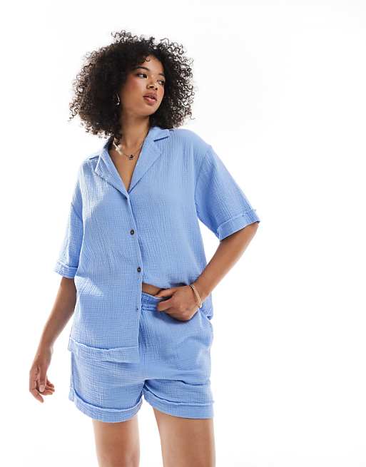 DESIGN cheesecloth shirt with raw edge detail shorts co-ord in blue