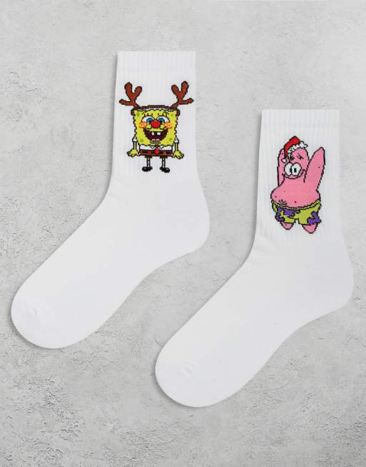 DESIGN Christmas 2 pack socks with SpongeBob graphic in white