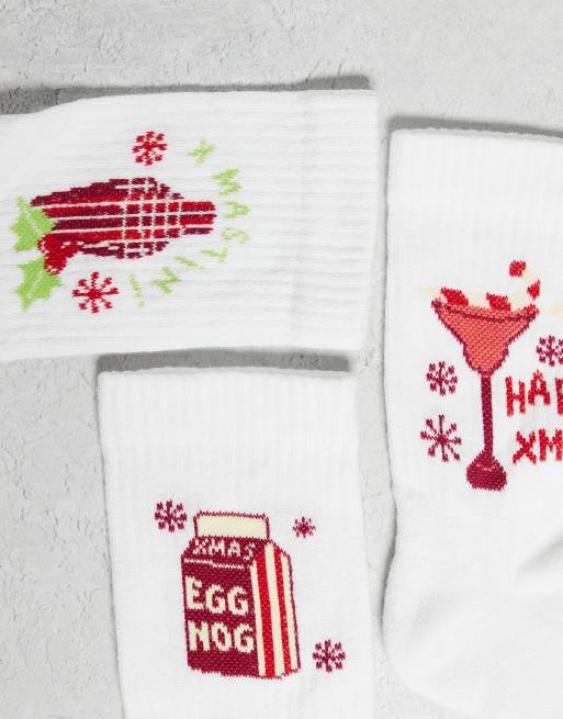 DESIGN Christmas 3 Pack Socks With Drinks Graphic In White