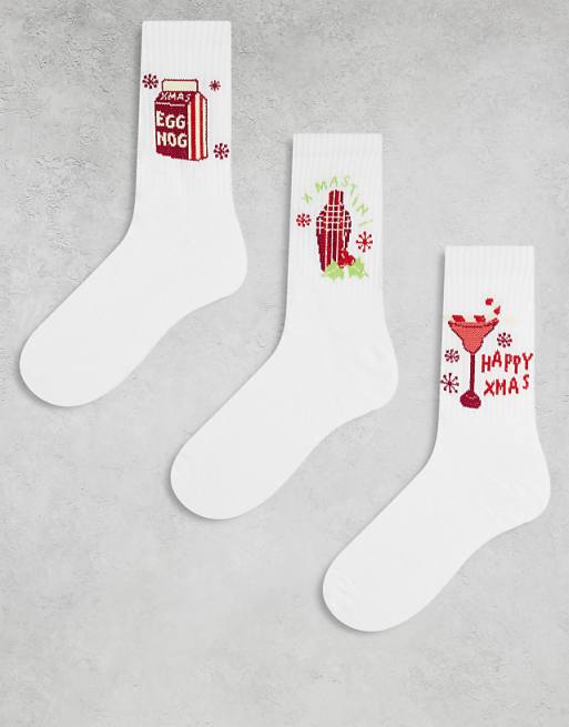 DESIGN Christmas 3 pack socks with drinks graphic in white