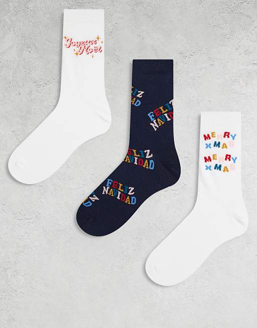 DESIGN Christmas 3 pack socks with Feliz Navidad graphic in multi