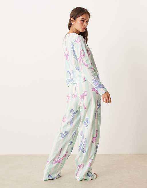 DESIGN Christmas Bow Long Sleeve Top & Trouser Pyjama Set In Blue Stripe