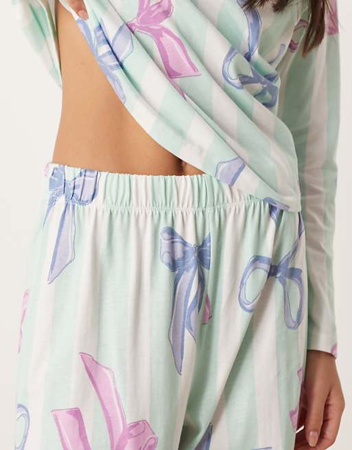 DESIGN Christmas Bow Long Sleeve Top & Trouser Pyjama Set In Blue Stripe