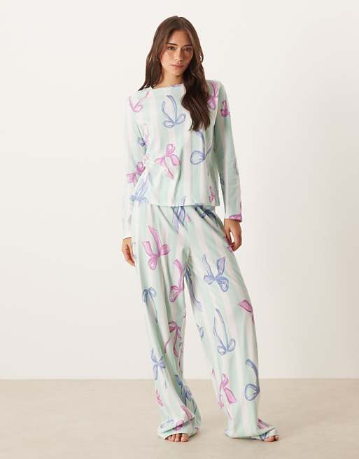 DESIGN Christmas bow long sleeve top & trouser pyjama set in blue stripe