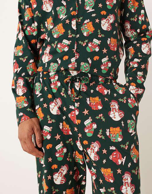 DESIGN Christmas Pyjama Set With Characters Graphic In Green