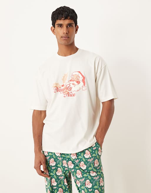 DESIGN Christmas Pyjama Set With Retro Santa Graphic In Blue
