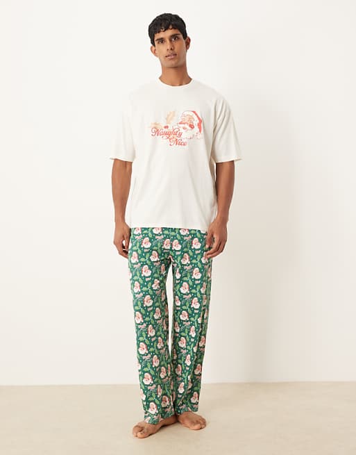 DESIGN Christmas pyjama set with retro Santa graphic in blue