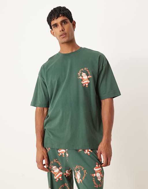 DESIGN Christmas Pyjama Set With Vintage Santa Graphic In Green