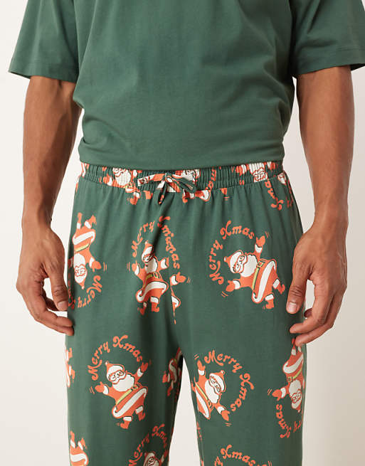 DESIGN Christmas Pyjama Set With Vintage Santa Graphic In Green