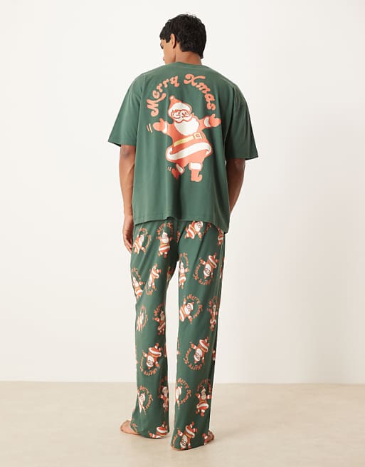 DESIGN Christmas pyjama set with vintage Santa graphic in green