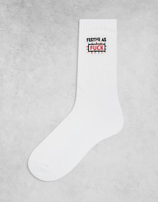 DESIGN Christmas socks with festive as fuck embroidery in white