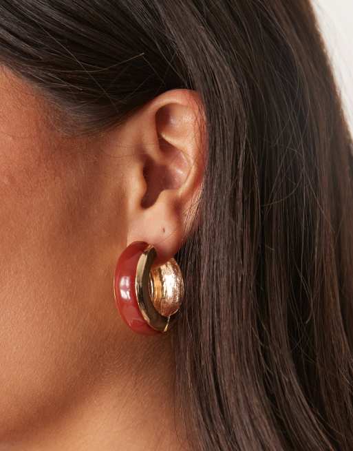DESIGN Chunky Hoop Earrings In Burgundy And Gold Tone