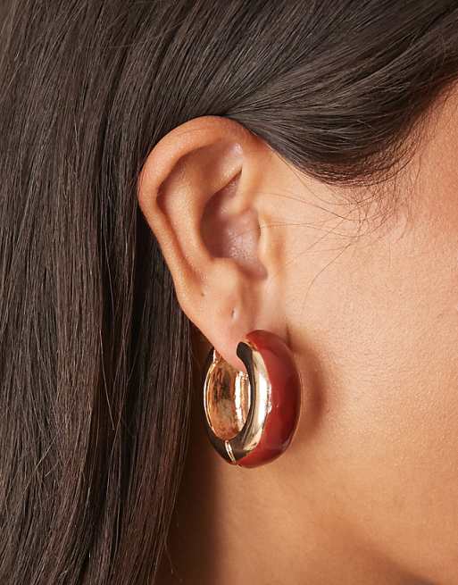 DESIGN chunky hoop earrings in burgundy and gold tone