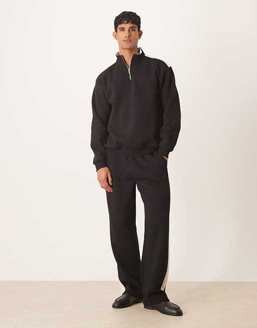DESIGN Co-ord 1/4 Zip Funnel Neck Sweatshirt With Cut And Sew Panel In Black
