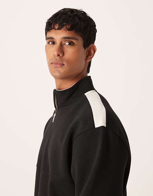 DESIGN Co-ord 1/4 Zip Funnel Neck Sweatshirt With Cut And Sew Panel In Black