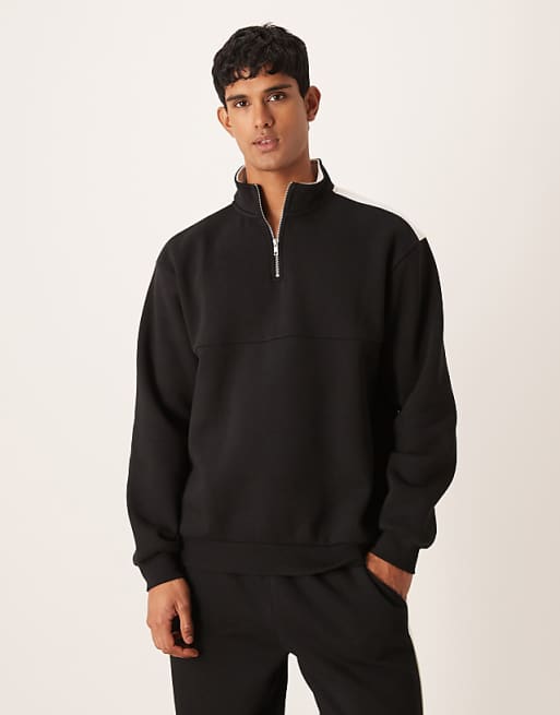 DESIGN co-ord 1/4 zip funnel neck sweatshirt with cut and sew panel in black