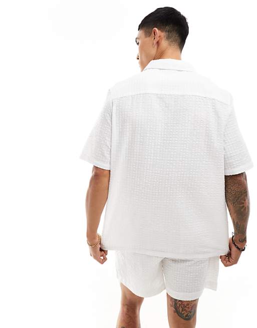 DESIGN Co-ord 90s Oversized Short Sleeve Shirt In Seersucker Texture In White