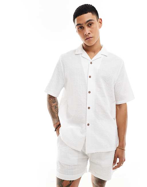 DESIGN Co-ord 90s Oversized Short Sleeve Shirt In Seersucker Texture In White