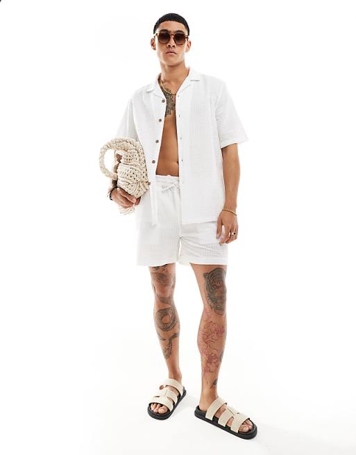 DESIGN co-ord 90s oversized short sleeve shirt in seersucker texture in white
