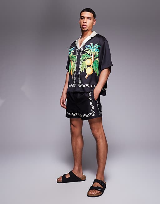 DESIGN Co-ord Boxy Oversized Deep Revere Shirt With Fruit Border Print In Black