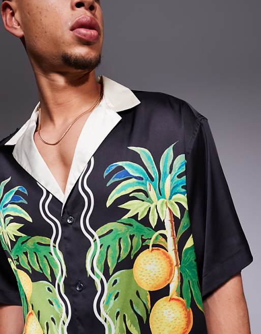 DESIGN Co-ord Boxy Oversized Deep Revere Shirt With Fruit Border Print In Black