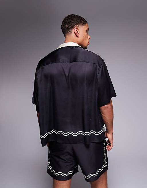DESIGN Co-ord Boxy Oversized Deep Revere Shirt With Fruit Border Print In Black