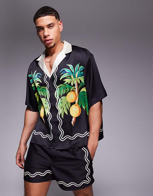 DESIGN co-ord boxy oversized deep revere shirt with fruit border print in black