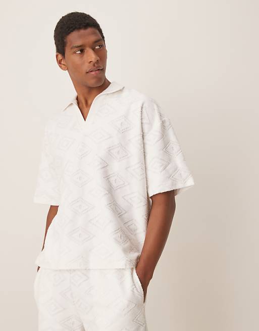 DESIGN co-ord boxy oversized jacquard polo in ecru