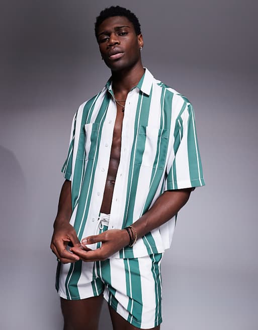 DESIGN Co-ord Boxy Oversized Shirt In White And Green Stripe